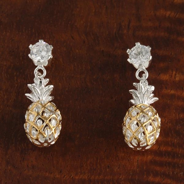 Sterling Silver Two Tone Yellow Gold Plated CZ and Pineapple Post Earrings