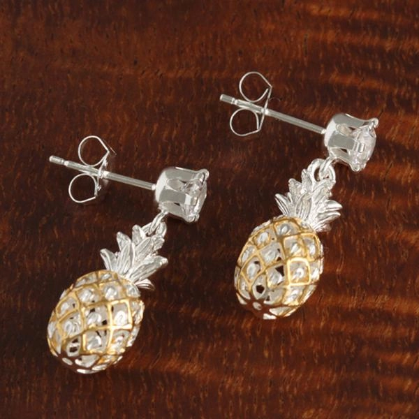Sterling Silver Two Tone Yellow Gold Plated CZ and Pineapple Post Earrings
