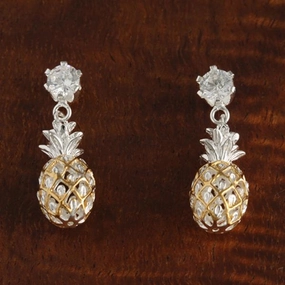 Sterling Silver Two Tone Yellow Gold Plated CZ and Pineapple Post Earrings