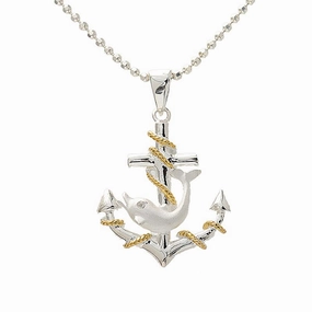 Sterling Silver Two-Tone Yellow Gold Plated Dolphin Anchor Pendant (Chain Sold Separately)