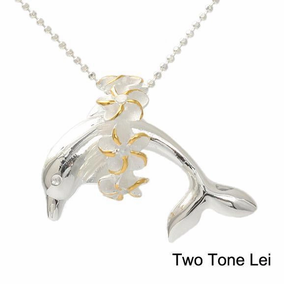 Sterling Silver Two Tone Yellow Gold Plated Dolphin with Plumeria Lei Pendant (S/M) (Chain Sold Separately)