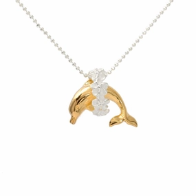 Sterling Silver Two Tone Yellow Gold Plated Dolphin with Plumeria Lei Pendant (S/M) (Chain Sold Separately)