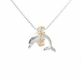 Sterling Silver Two Tone Yellow Gold Plated Dolphin with Plumeria Lei Pendant (S/M) (Chain Sold Separately)