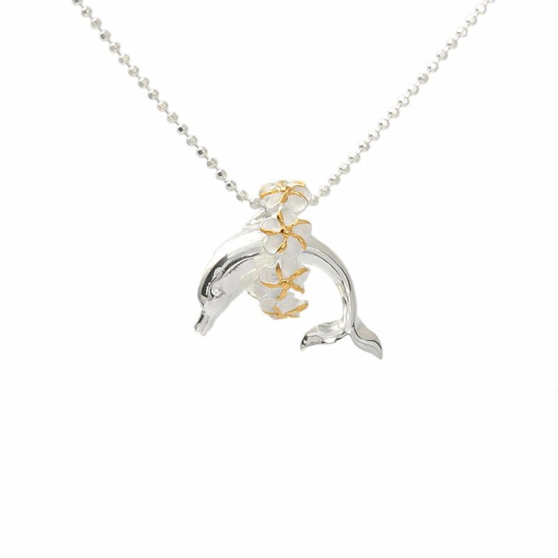 Sterling Silver Two Tone Yellow Gold Plated Dolphin with Plumeria Lei Pendant (S/M) (Chain Sold Separately)