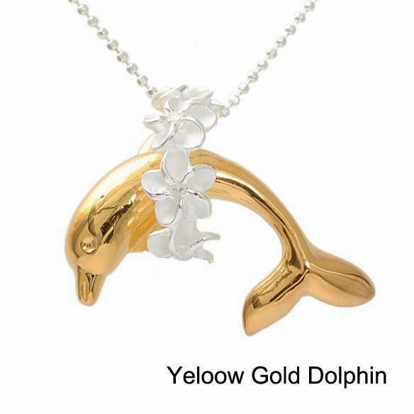 Sterling Silver Two Tone Yellow Gold Plated Dolphin with Plumeria Lei Pendant (S/M) (Chain Sold Separately)