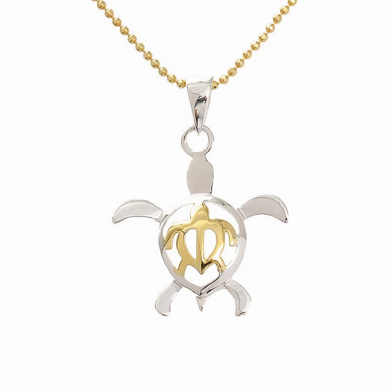 Sterling Silver Two Tone Yellow Gold Plated Double Honu (Turtle) Pendant (Chain Sold Separately)