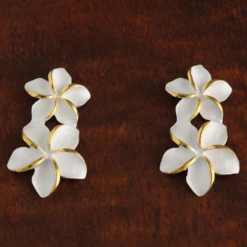 Sterling Silver Two Tone Yellow Gold Plated Double Plumeria Post Earrings