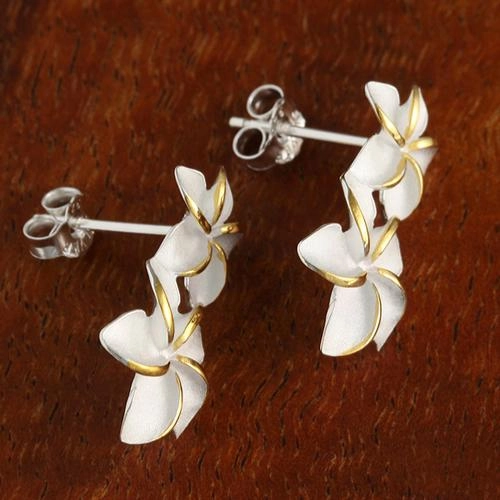 Sterling Silver Two Tone Yellow Gold Plated Double Plumeria Post Earrings
