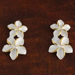 Sterling Silver Two Tone Yellow Gold Plated Double Plumeria Post Earrings
