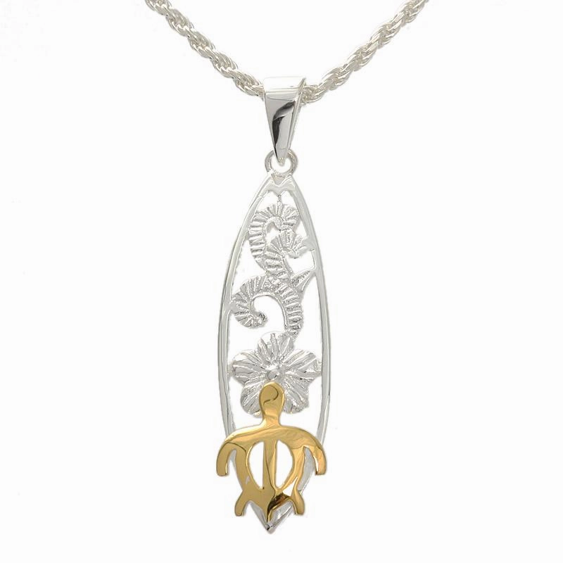 Sterling Silver Two Tone Yellow Gold Plated Hawaiian Scroll and Honu (Turtle) Surfboard Pendant (Chain Sold Separately)