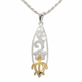 Sterling Silver Two Tone Yellow Gold Plated Hawaiian Scroll and Honu (Turtle) Surfboard Pendant (Chain Sold Separately)