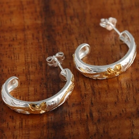 Sterling Silver Two Tone Yellow Gold Plated Hawaiian Scroll Half Moon Earrings