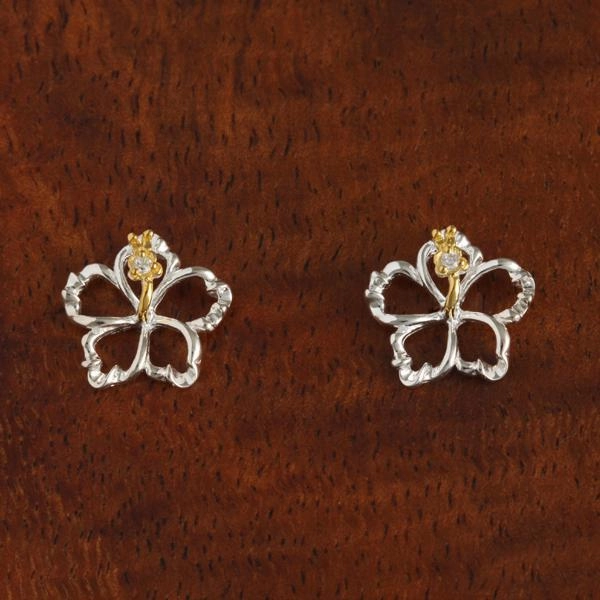 Sterling Silver Two Tone Yellow Gold Plated Hibiscus with CZ Floating Post Earrings (8-18mm)