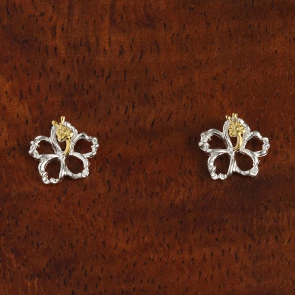 Sterling Silver Two Tone Yellow Gold Plated Hibiscus with CZ Floating Post Earrings (8-18mm)