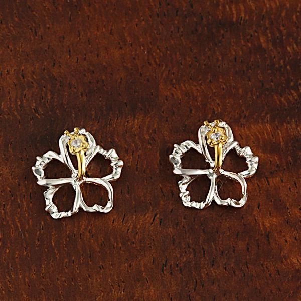 Sterling Silver Two Tone Yellow Gold Plated Hibiscus with CZ Floating Post Earrings (8-18mm)