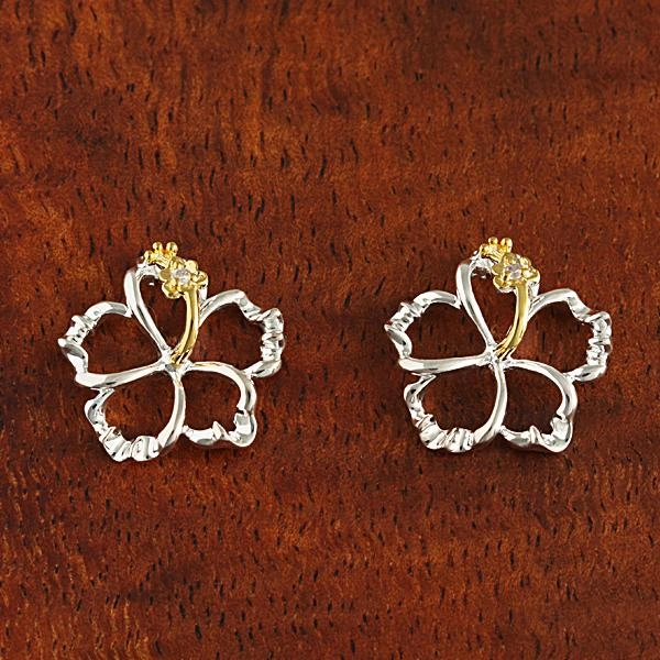 Sterling Silver Two Tone Yellow Gold Plated Hibiscus with CZ Floating Post Earrings (8-18mm)