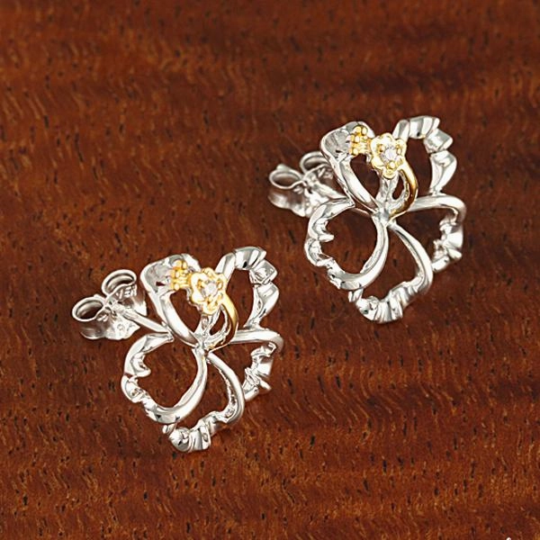 Sterling Silver Two Tone Yellow Gold Plated Hibiscus with CZ Floating Post Earrings (8-18mm)