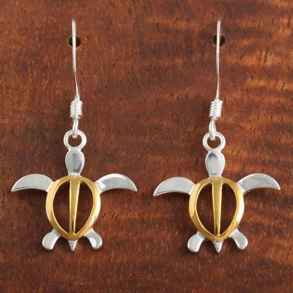 Sterling Silver Two Tone Yellow Gold Plated Honu (Hawaiian Turtle) Hook Earrings (S/M)