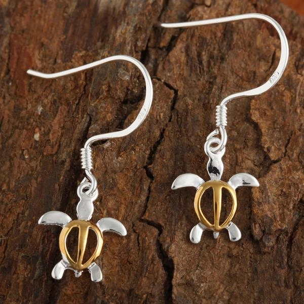 Sterling Silver Two Tone Yellow Gold Plated Honu (Hawaiian Turtle) Hook Earrings (S/M)