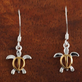 Sterling Silver Two Tone Yellow Gold Plated Honu (Hawaiian Turtle) Hook Earrings (S/M)