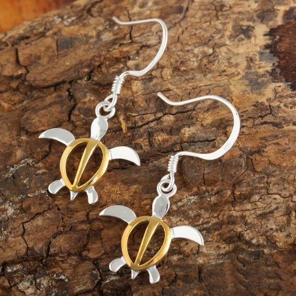 Sterling Silver Two Tone Yellow Gold Plated Honu (Hawaiian Turtle) Hook Earrings (S/M)