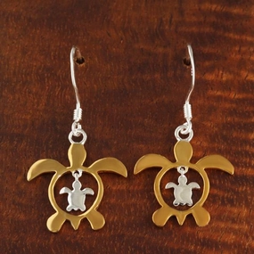 Sterling Silver Two Tone Yellow Gold Plated Honu (Hawaiian Turtle) in Honu Hook Earrings