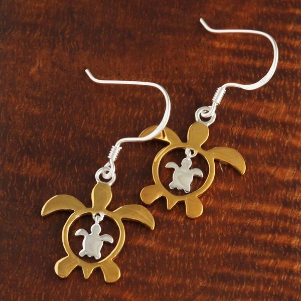 Sterling Silver Two Tone Yellow Gold Plated Honu (Hawaiian Turtle) in Honu Hook Earrings