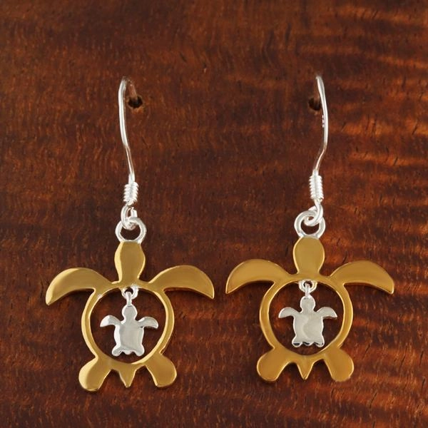 Sterling Silver Two Tone Yellow Gold Plated Honu (Hawaiian Turtle) in Honu Hook Earrings