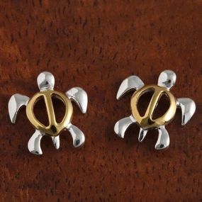 Sterling Silver Two Tone Yellow Gold Plated Honu (Hawaiian Turtle) Post Earrings (S/M)
