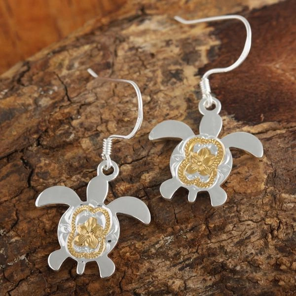 Sterling Silver Two Tone Yellow Gold Plated Honu (Hawaiian Turtle) Scroll Hook Earrings