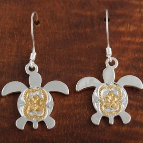 Sterling Silver Two Tone Yellow Gold Plated Honu (Hawaiian Turtle) Scroll Hook Earrings