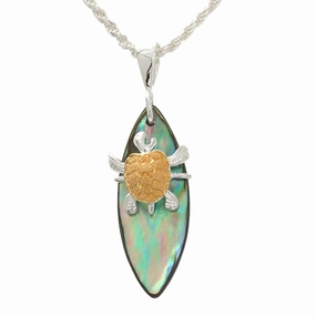 Sterling Silver Two Tone Yellow Gold Plated Honu (Turtle) and Abalone Shell Surfboard Pendant (Chain Sold Separately)