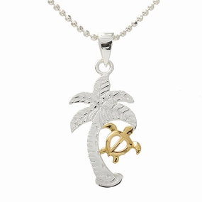 Sterling Silver Two Tone Yellow Gold Plated Palm Tree and Honu (Turtle) Pendant (Chain Sold Separately)