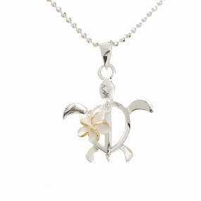 Sterling Silver Two Tone Yellow Gold Plated Plumeria and Honu (Hawaiian Turtle) Pendant (Chain Sold Separately)