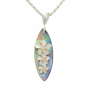 Sterling Silver Two Tone Yellow Gold Plated Plumeria with CZ and Abalone Shell Surfboard Pendant (Chain Sold Separately)
