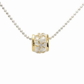 Sterling Silver Two Tone Yellow Gold Plated Plumeria with CZ Barrel Pendant (Chain Sold Separately)