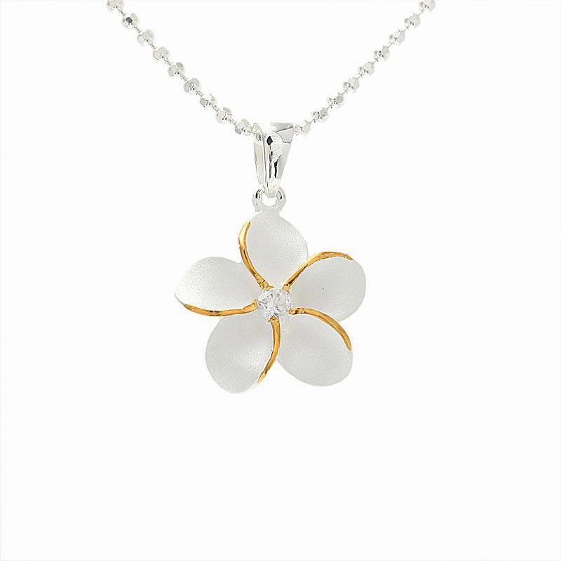 Sterling Silver Two Tone Yellow Gold Plated Plumeria with CZ Sandblast Finish Pendant (S/M/L/XL) (Chain Sold Separately)