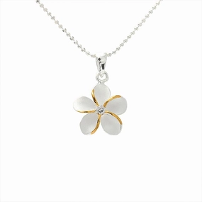 Sterling Silver Two Tone Yellow Gold Plated Plumeria with CZ Sandblast Finish Pendant (S/M/L/XL) (Chain Sold Separately)