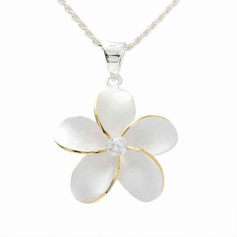 Sterling Silver Two Tone Yellow Gold Plated Plumeria with CZ Sandblast Finish Pendant (S/M/L/XL) (Chain Sold Separately)
