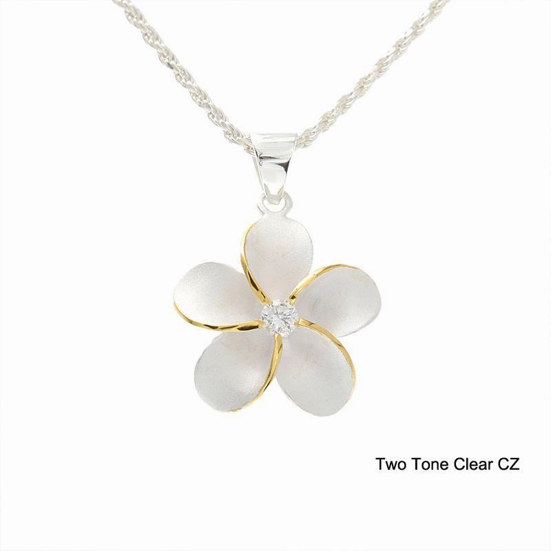 Sterling Silver Two Tone Yellow Gold Plated Plumeria with CZ Sandblast Finish Pendant (S/M/L/XL) (Chain Sold Separately)