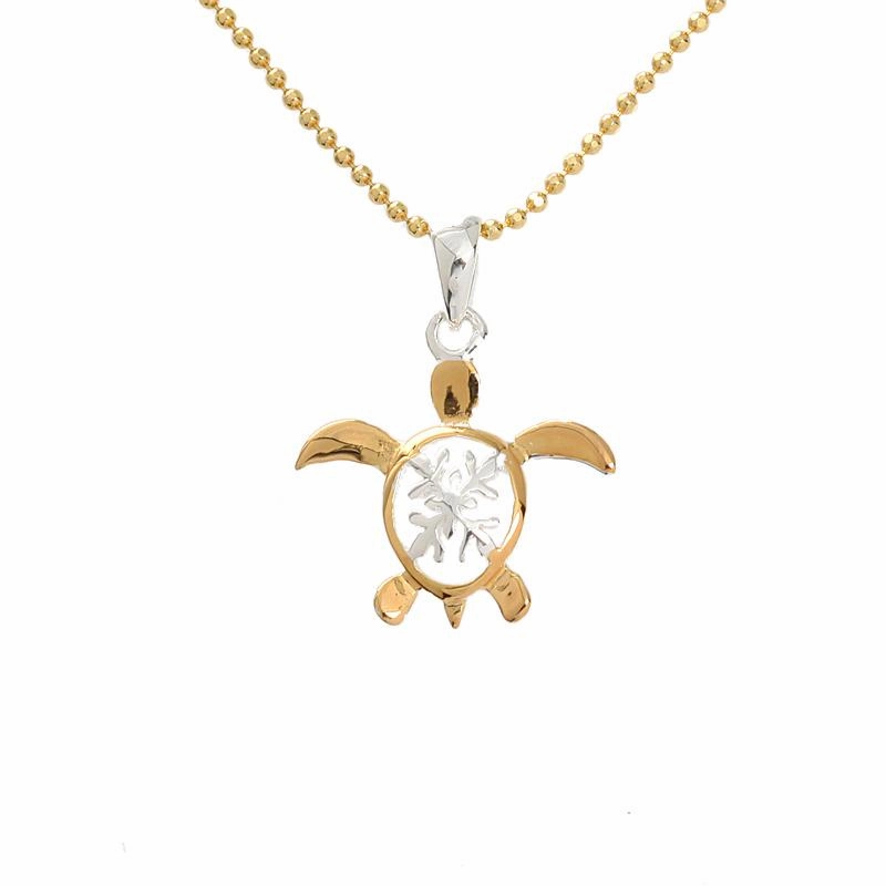 Sterling Silver Two Tone Yellow Gold Plated Quilt in Honu (Turtle) Pendant (Chain Sold Separately)