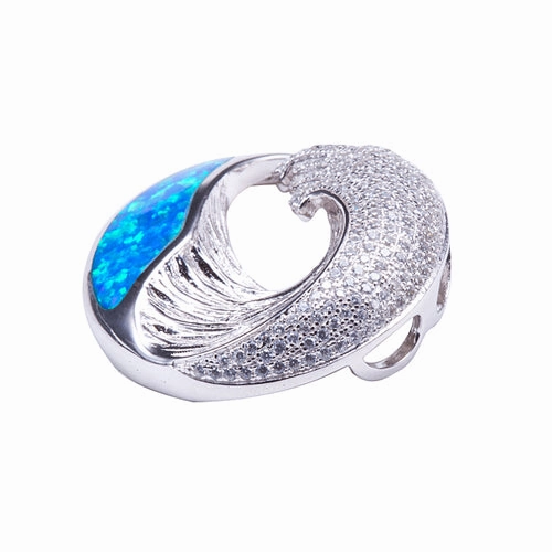 Sterling Silver Wave Pave CZ with Opal Inlaid Pendant (Chain Sold Separately)