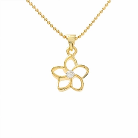Sterling Silver Yellow Gold Plated Floating Plumeria with CZ Pendant (S/L) (Chain Sold Separately)