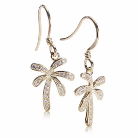 Sterling Silver Yellow Gold Plated Palm Tree Pave CZ Hook Earrings