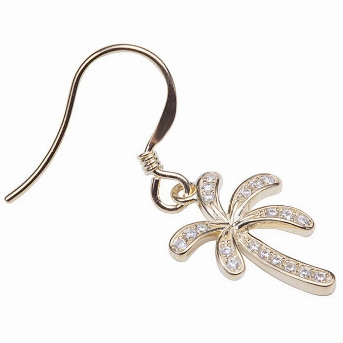 Sterling Silver Yellow Gold Plated Palm Tree Pave CZ Hook Earrings