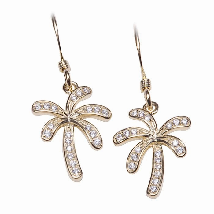 Sterling Silver Yellow Gold Plated Palm Tree Pave CZ Hook Earrings