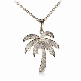 Sterling Silver Yellow Gold Plated Palm Tree Pave CZ Pendant (Chain Sold Separately)