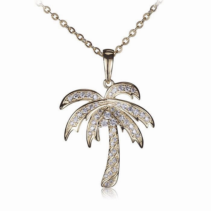 Sterling Silver Yellow Gold Plated Palm Tree Pave CZ Pendant (Chain Sold Separately)