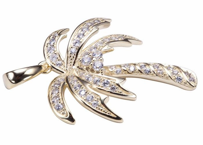 Sterling Silver Yellow Gold Plated Palm Tree Pave CZ Pendant (Chain Sold Separately)