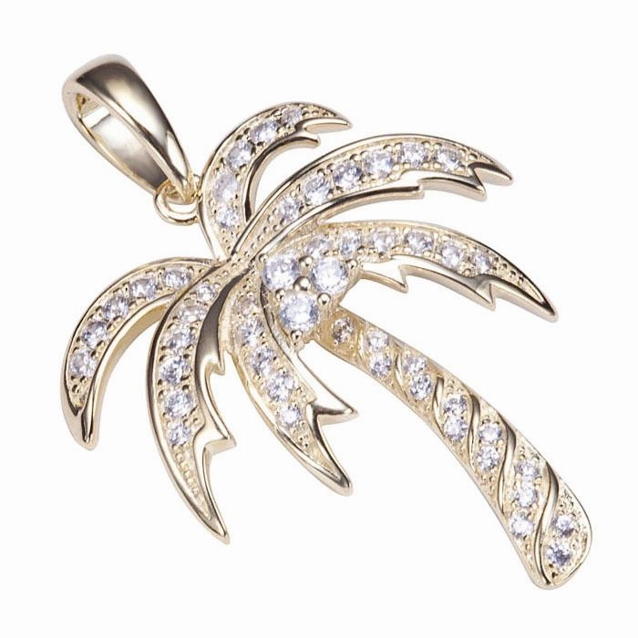Sterling Silver Yellow Gold Plated Palm Tree Pave CZ Pendant (Chain Sold Separately)